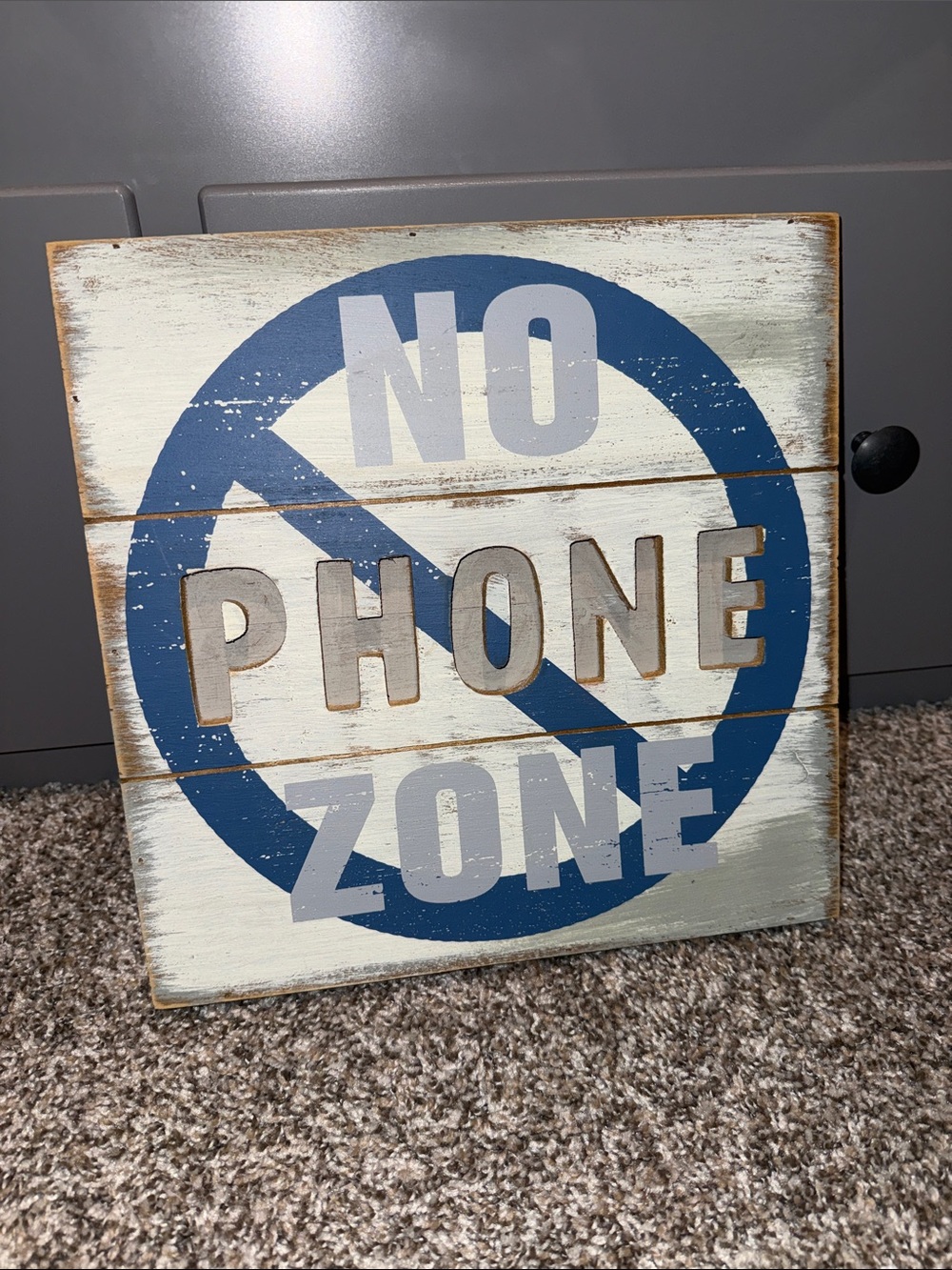 No Phone Zone Rustic Wall Sign - Blue and White